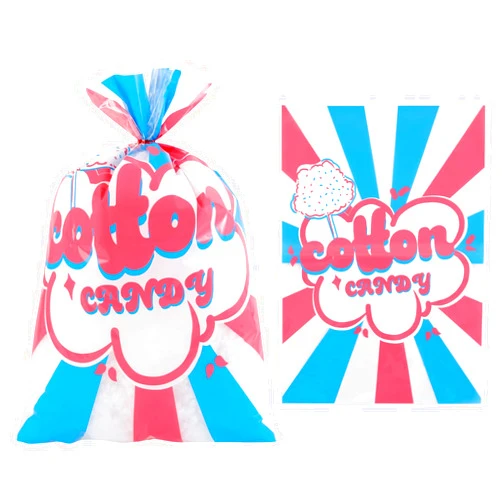 LEOSINDA 50 Pcs Cotton Candy Bags with Ties Clear Bags for Cotton Candy Large Carnival Candy Cones Treat Bags Bulk Cotton Candy Supplies for Party and Festivals, 12x18 Inch (Hot Pink and Light Blue)