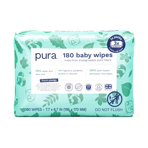 Pura Baby Wipes 3 x 60 per pack (180 Wipes) 100% Plastic-Free & Plant Based Wipes, 99% Water, Suitable for Sensitive & Eczema-prone Skin, Fragrance Free & Hypoallergenic, EWG, Cruelty Free