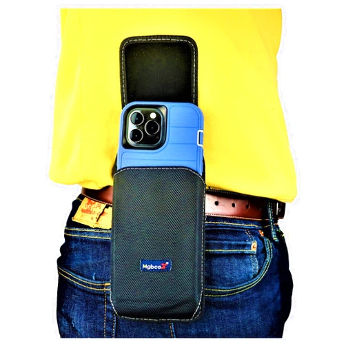 Mgbca Nylon Cell Phone Pouch for iPhone 15 Pro Max /14 13 12 11 Pro Max/ 14 Plus Plus Holster with Belt Loop, Rugged, Magnetic Closure, Compatible (Otterbox Commuter) Case On (Black-Vertical)