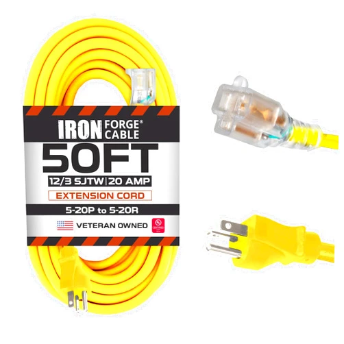Iron Forge Cable 50 Ft 20 Amp Dryer/EV Extension Cord - 5-20P to 5-20R Lighted Yellow SJTW 12 Gauge Electric Cable, Heavy Duty 50 Foot 3 Prong Dryer Cord