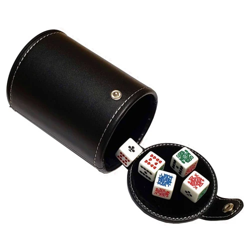 Cyber-Deals Set of 16mm Poker Dice and Black PU Leather Black Velvet Lined Dice Cup with Storage Compartment (Gift Boxed) (Poker (Squared Corners, Clubs Ace) - White)
