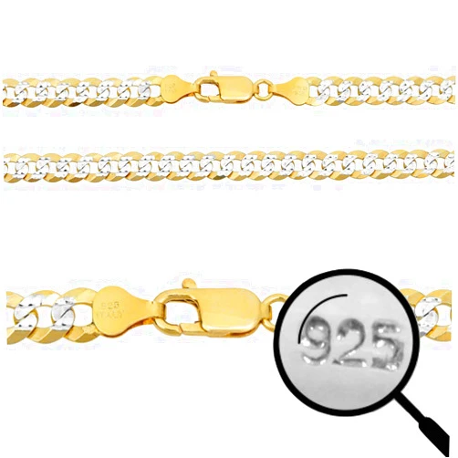 HarlemBling Men's Flat Cuban Chain Or Bracelet - 6mm - 14k Gold Over Solid 925 Sterling Silver - Made In Italy - Two Tone Diamond Cut