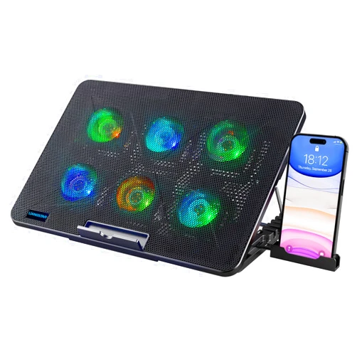 LIANGSTAR Laptop Cooling Pad, Laptop Cooler with 6 Quiet Fans 7 Color Light for 12-17 Inch Notebook Gaming Fan Stable Stand, 7 Height & Wind Speed Adjustable, 2 USB Port & Phone Holder