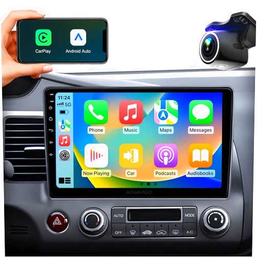 AINAVIGO Car Stereo Radio with for Honda Civic 2006 2007 2008 2009 2010 2011 with Android12/5G WiFi/Wireless CarPlay/Android Auto/Touch Screen/GPS Navigation/Bluetooth/RDS Radio/1080P Backup Camera