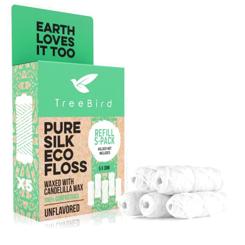 TreeBird Unflavored Compostable Dental Floss Refills | Pack of 5 x 33yds Organic Peace Silk Spools | for a Refillable Glass & Stainless Steel Holder | Waxed with Natural Candelilla Wax