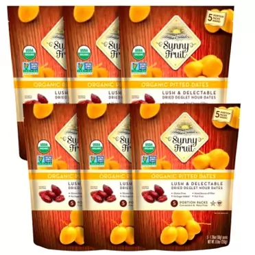SUNNY FRUIT ORGANIC Pitted Dried Dates - Sunny Fruit (6 Bags) - (5) 1.76oz. Portion Packs per Bag | Purely Dates - NO Added Sugars, Sulfurs or Preservatives | NON-GMO, VEGAN, HALAL & KOSHER 1.76 Ounce (Pack of 30)
