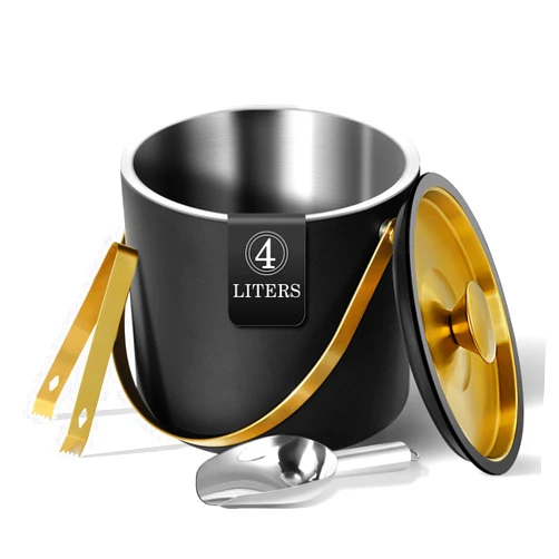 Bakpoco 4L Ice Bucket with Silicone Lid, Scoop, Gold Tongs & Strainer, Stainless Steel Double Wall Insulated Ice Buckets for Parties & Cocktail Bar Outdoor Champagne Ice Container Bin, Black