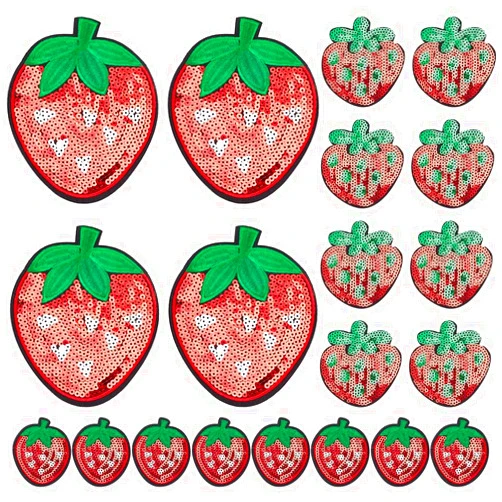 Beinkmake 20 Pcs Strawberry Sequin Patches Iron Sew on Embroidered Appliques Red Sticker Decorations for Clothes Jeans Shirts DIY Sewing Headbands Bags