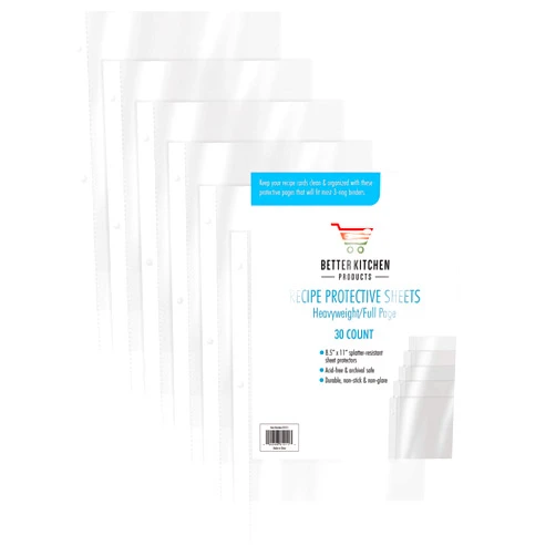 Better Kitchen Products Recipe Sheet Protectors Full Page, 8.5 x 11 inch, 30 Pack, Heavyweight, Top Load, by Better Kitchen Products, Page Protector Binder Sheets, 3-Hole Punched, for Recipe Binders, 30 Pack