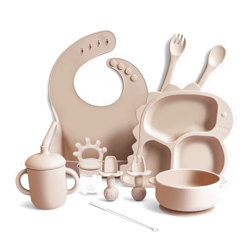 FOMOMDI Silicone Baby Weaning Set, 10PCS Baby Feeding Set - Toddler Utensils, Baby Led Weaning Supplies with Dinosaur Plate, Bib, Cup, Suction Bowl, Forks, Spoons, Fruit Feeder, Clean Brush