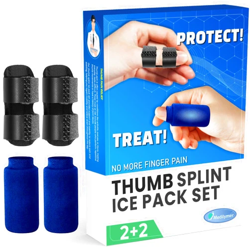MEDILYMER Thumb Splint and Ice Pack (2+2 Set) Trigger Thumb Splint For Pain Relief, Thumb Brace for Knuckle Immobilization, Thumb Spica for Arthritis, Mallet Finger, Also Fits Index, Ring, Pinky, Little, Small Fingers