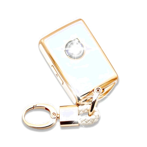UTFT-17 Key Fob Cover for with Gold Keychain Key Shell fits for XC90 XC60 XC40 S60 S90 V90 V60 Polestar 1 T5 T6 Car Key Case Cover-White