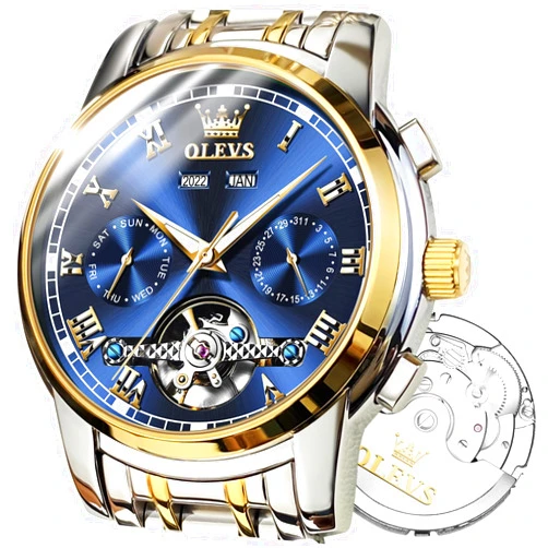 OLEVS Automatic Watch(No Battery Required) Men's Wrist Watches Self-Wind Mechanical Watches Fashion Classic Tourbillon Skeleton Watch Black Blue Green Face,Adjustable Bracelet (Gift Tool)