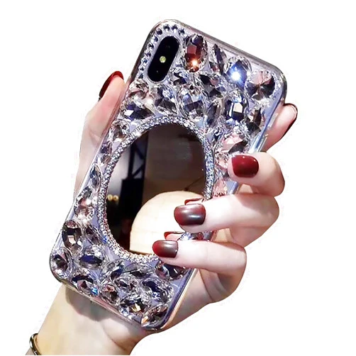 LCHDA Makeup Mirror Case for Samsung Galaxy A12, Bling Glitter Clear Crystal Bright Stones Full Diamonds Luxury Sparkle Transparent Rhinestone Bumper Protective Case Cover for Woman Girls