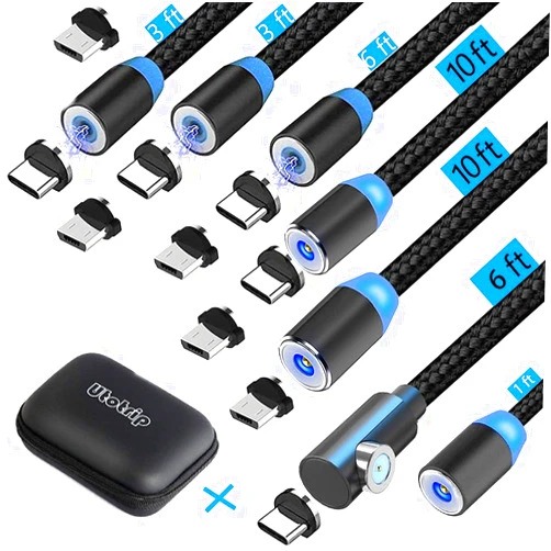 Utotrip Magnetic Charging Cable,(7-Pack,1ft/3ft/3ft/6ft/6ft/10ft/10ft) Magnetic Phone Charger,2-in-1 USB Magnetic Cable Compatible Micro USB,Type C(Black,Gen 1)
