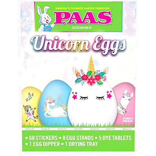 PAAS Unicorn Eggs - Easter Egg Decorating Kit - 68 Stickers, 8 Egg Stands, 5 Dye Tablets, and More