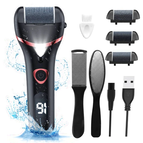 Geopu Electric Foot Callus Remover, Rechargeable Portable Electronic Foot File Pedicure Kits, Waterproof Foot Scrubber File, Professional Pedicure Tools, Foot Care for Dead Skin Ideal Gift, 3 Rollers