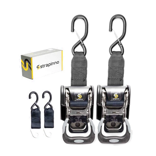 Strapinno 2PCS Stainless Steel Retractable Ratchet Straps (1 7/8 in x 4 ft) Heavy Duty Transom Tie-Downs with Extension Straps, Bolt Set & Safety Latch S-Hooks,for Boat,Break Strength 1,650LBS/750KG