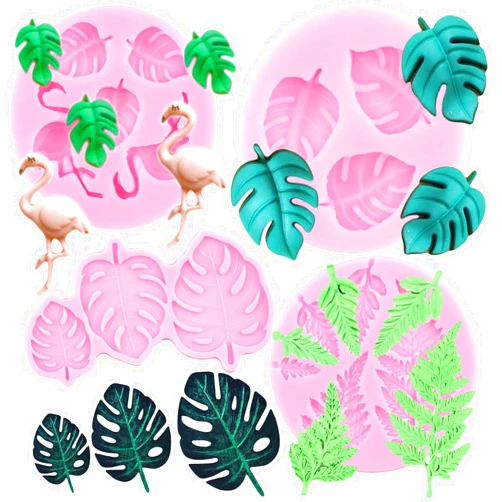ZiXiang Flamingo Tropical Leaf Silicone Mold Fern Monstera Leaves Fondant Molds For Cupcake Topper Cake Decorating Chocolate Resin Polymer Clay Set Of 4