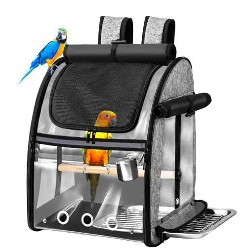 SUERTREE Bird Carrier Bag with Indestructible Stainless Steel Mesh, Bird Travel Cage with Stand, Easy to Clean Backpack for Parrot, Portable Bird Travel Bag, Pet Transparent Breathable Travel Cage