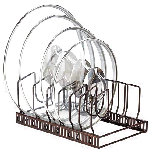 Toplife Pot Lids Organizer Rack for Cabinet and Countertop, 7+ Pan Lids and Bakeware Organizer Rack Holder with 7 Adjustable Compartments - Brown