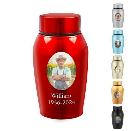 Dletay Photo Personalized Small Urns for Human Ashes Keepsake 5.5 inches Custom Small Urns Stainless Steel Picture Mini Urns for Human Ashes Memorial Cremation Urn for Human Ashes Funeral Keepsake Urn -Red