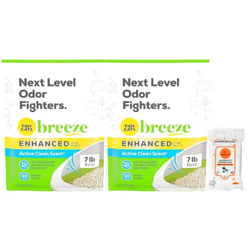 Aurora Pet Bundle (2) Tidy Cat Breeze Enhanced Active Clean Scent Cat Litter Pellets, Refill 7 lb with Aurora Pet Wipes