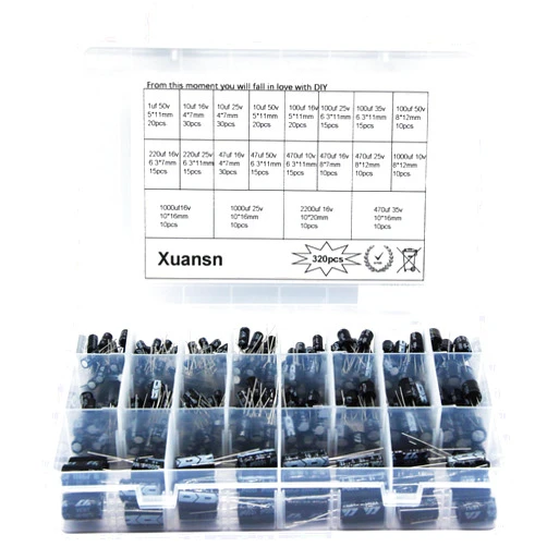 XUANSN Electrolytic Capacitors 1uF 10uf 100uf 1000uF 220uf 47uf 470uf 10V 16V 25V 35V 50V XUANSN Low Voltage Capacitor Kit for Air Conditioning LED Lights Audio Microwave Oven Refrigerator 320Pcs 20Value