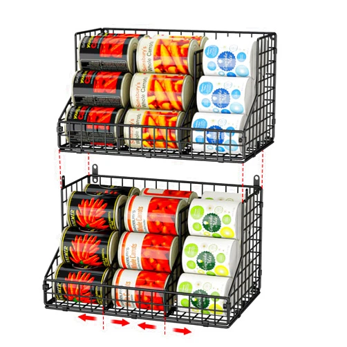 JKsmart 2 Pack Stackable Can Rack Organizer for Pantry Storage,Can Dispensers with 4 Adjustable Dividers, 2-Tier Metal Wire Basket Beverage Pop Soda Rack for Kitchen Cabinet Pantry, Black