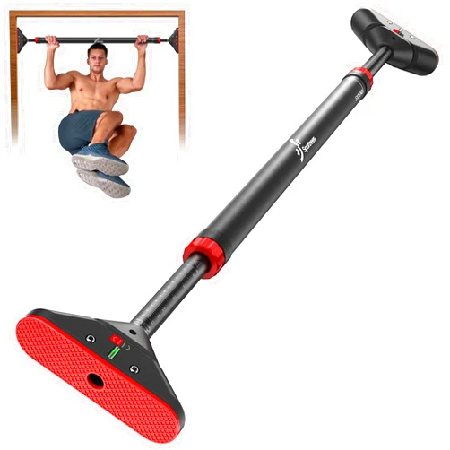 Sportneer Pull Up Bar for Doorway: Sportneer Strength Training Pull-up Bars without Screw - Adjustable Width Locking Mechanism Chin Up Bar, Thickened Steel Max Limit 440 lbs Upper Body Fitness Pullup Bars for Home (Black-Red)