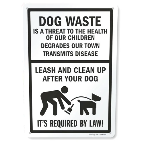 SmartSign 14 x 10 inch “Dog Waste Is A Threat - Leash And Clean Up After Your Dog” Metal Sign, 40 mil Laminated Rustproof Aluminum, Black and White