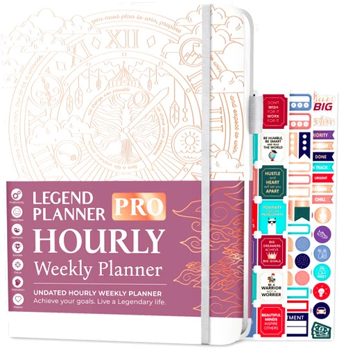 Legend Planner PRO Hourly Schedule - Weekly & Daily Organizer with Time Slots. Appointment Book Journal for Work & Personal, A4 (White Gold)