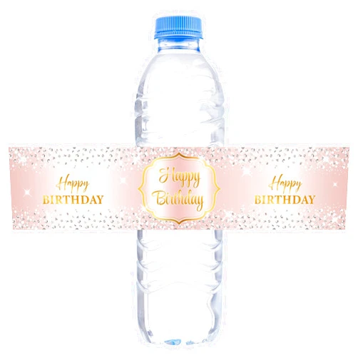 Wowopa Happy Birthday Water Bottle Labels Pink for Women 16th 21st 30th 40th 50th Anniversary Stickers Party Decorations - Set of 32