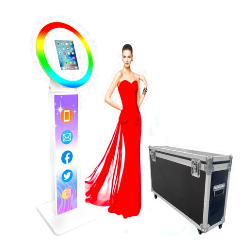 NETSOLAR Portable Photo Booth for 12.9'' iPad Stand Shell Metal Selfie Photobooth Machine with Adjustable RGB LED Light Ring Free Custom Logo Flight Case for Parties Wedding Rental Business (White)