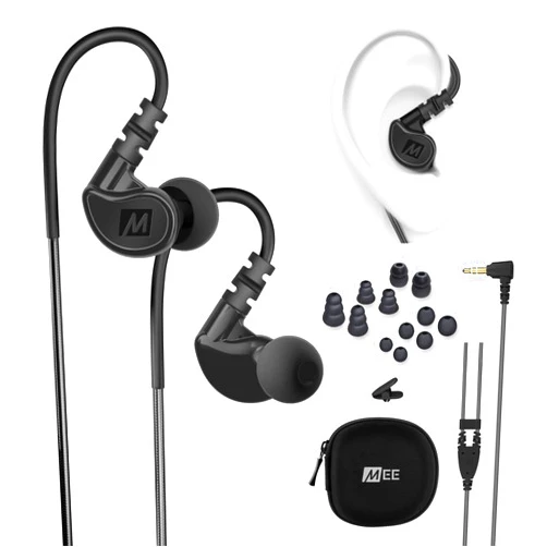 MEE audio M6 Sport Wired Earbuds, Noise Isolating In Ear Headphones, Sweatproof Earphones for Running/Gym/Workouts with Dynamic Enhanced Bass Sound, Memory Wire Earhooks, 3.5mm Jack Plug (Black)