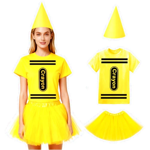 DreamJ Halloween Crayon Costume T Shirt Set for Adults Men Women,Group Halloween Couple Costumes Funny Shirt Tutu Skirt Hat