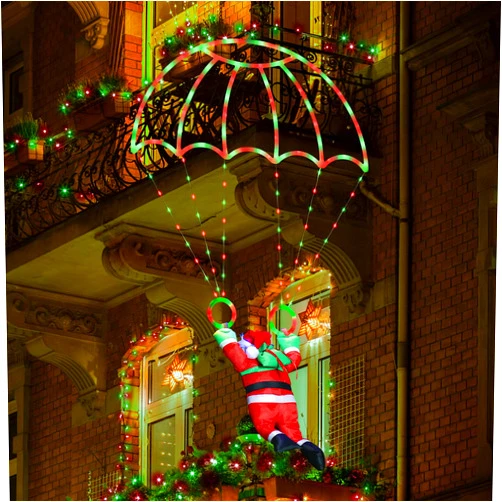 LYHOPE Christmas Decorations Lights Outdoor, 2.8ft LED Christmas Parachute Lights with Santa Claus, 8 Modes & Timer Battery Operated Hanging Xmas Lights for Roof Eave Balcony Home Garden Decor (Red Green)