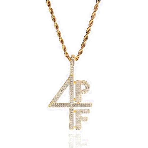 Ashendikan Men's Gold 4PF Number Letter Rhinestone Pendant Hip Hop Chain Necklaces Pendant Stainless Steel, Stainless Steel, Rhinestone