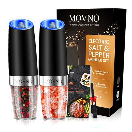 MOVNO Gravity Electric Salt and Pepper Grinder Set, Battery Powered LED Light One Hand Automatic Operation, Adjustable Coarseness Mill Grinders Shakers Black (A.Black 2p)
