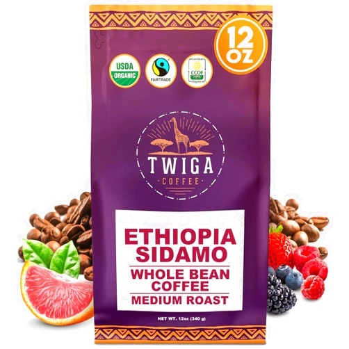 Twiga Coffee Ethiopian Coffee Beans (Sidamo) Medium Roast- Organic Decaf Coffee Beans Medium Roast Arabica with Berry, Citrus and Floral Notes, Fresh Roasted for Balanced Flavor, Ideal presents, 12 oz