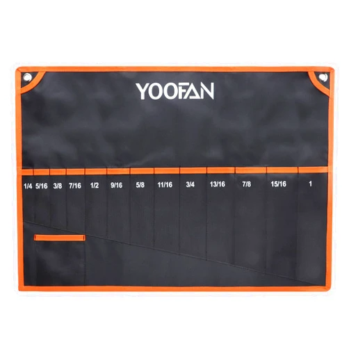YOOFAN Wrench Roll Up Pouch – Wrench Organizer with 13+1 Pockets, Wrench Bag with handle, Wrench Holder for Hanging, Orange - SAE