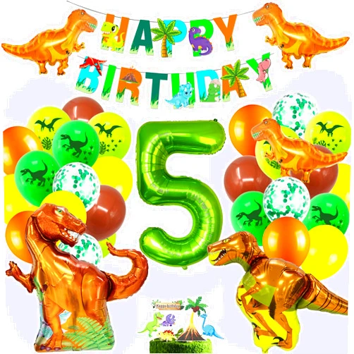 Cobesyood Dinosaur Party Supplies for 5 Year Olds,Dinosaur Foil Balloons Set Dinosaur Birthday Party Decorations Kit Foil Balloons,Banner,Cake Toppers for Boys Girls Birthday Party