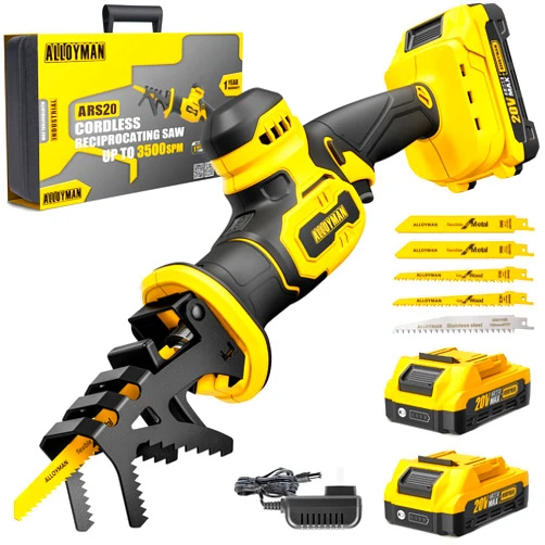 Alloyman Reciprocating Saw, 20V Cordless Battery Power Saw, with 2 X 2.0Ah Batteries & Charger, 0-3500 SPM Variable Speed, Tool-Free Change, 5 PCS Blades for Wood Metal PVC Pipe Tree Cutting