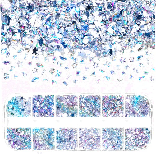 Tatiwoo 2000 Pcs AB Mini Nail Stones and Gems, Nail Crystal Multi Shape Small Nail Art Gems, Flatback AB Nail Gems Rhinestones, Heart Star Flower Tiny Diamond Nail Stones for Nail Art Crafts Clothing Makeup