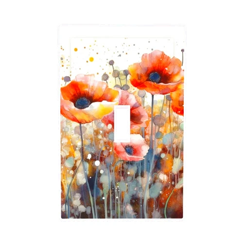 GFLFMXZW Watercolor Red Poppy Flowers Print Outlet Cover Decorative Wall Plate for Electrical Outlets 1 Gang Light Switch Cover Plastic Art Faceplate for Bedroom Kitchen Room Decor