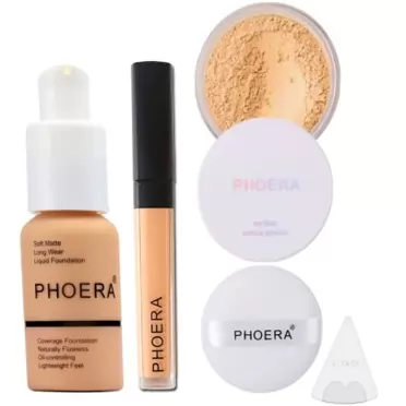 Glamza Full Coverage Makeup Set with Foundation (102 Nude), Concealer Stick (102 Neutral), Setting Powder (Cool Beige), Make Up Pad & Sponge - Complete Face Cosmetics Kit for Women