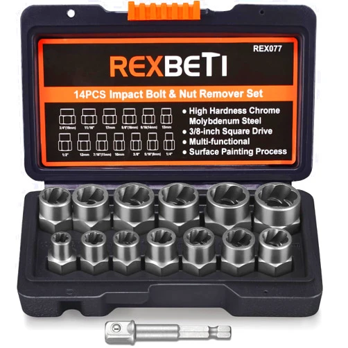 REXBETI Impact Bolt & Nut Remover Set, 13+1 Pieces Bolt Extractor Tool Set with Solid Storage Case