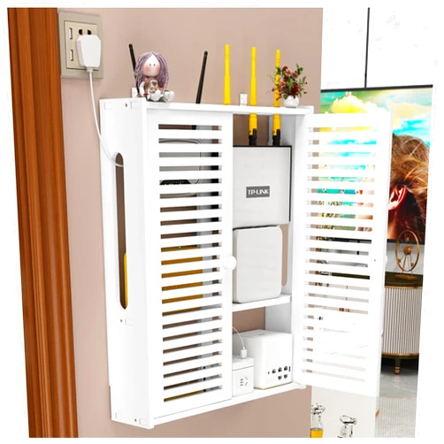 GMTstore Wall Mount WiFi Router Box Blinds Decoration Floating Shelves Wall Shelf Power Strip Protector Hider Router Rack Desktop Storage Cabinet (Color : White, Size : 42x10x51cm)