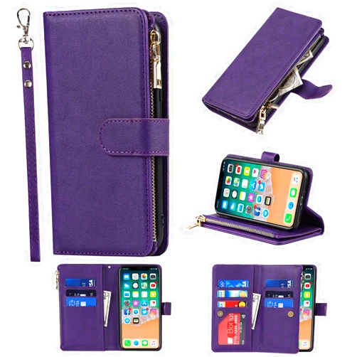 Jaorty Wallet Case Compatible with iPhone Xs/iPhone X Case,[9 Card Slots] [Wrist Strap] [Stand Feature] Zipper Cash Pocket Magnetic Leather Cover Shockproof Slim Case for iPhone Xs,5.8 inch Purple