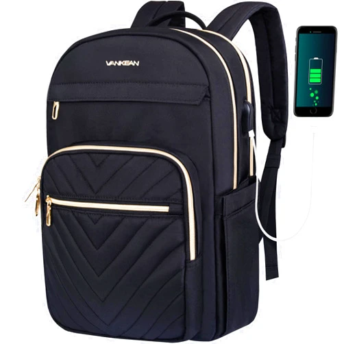 VANKEAN 15.6 Inch Laptop Backpack for Women Men Work Bag Fashion with USB Port, Waterproof Backpacks Nurse Stylish Travel Bags Casual Daypacks for College, Business, Black